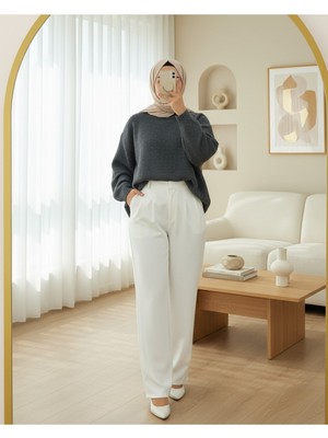 Modamorfo Yuvarlak Yaka Salaş Triko Kazak -Füme