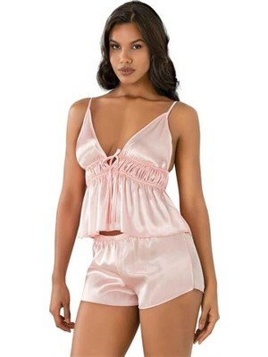 Letsii Saten Şortlu Rahat Kadın Takım Somon Renk