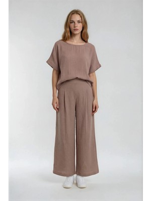 Vitrin Beli Lastikli Geniş Paça Keten Pantolon