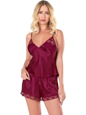 Letsii Saten Babydoll Şortlu Takım Bordo Renk