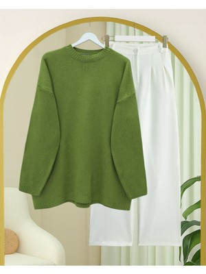 Moda Morfo Yuvarlak Yaka Salaş Triko Kazak -F.Yeşili