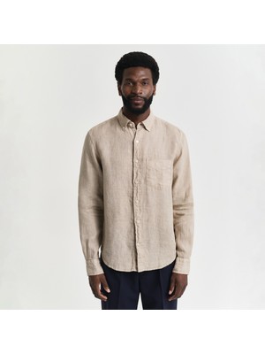 Gant Erkek Bej Regular Fit Düğmeli Yaka Keten Gömlek