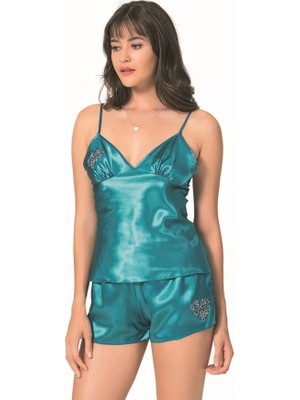 Letsii Saten Babydoll Şortlu Pijama Takımı Petrol Yeşili Renk