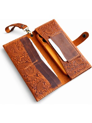 MAT DERİ Turuncu Kadın Cüzdan Hakiki Deri Telefon Bölmeli El Yapımı Bilek Askılı Uzun Cüzdan Şal Desen