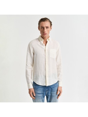Gant Erkek Krem Regular Fit Düğmeli Yaka Keten Gömlek