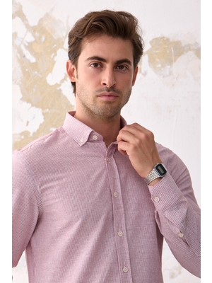 Ravanelli Ravanellı Giza Erkek Keten Görünümlü Pamuklu Slim Fit Dar Kesim Düğmeli Yaka Çizgili Gömlek