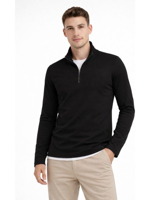 Erkek Ribana Kumaş Likralı Yarım Fermuarlı  Yarım Boğaz Kazak