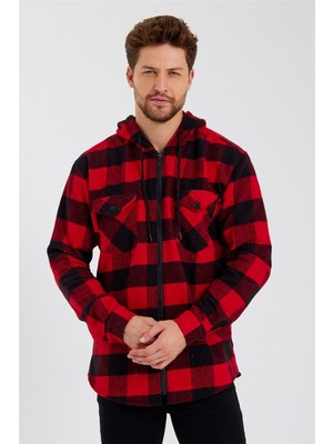 Cool Tarz Fermuarlı Ekoseli Çift Cepli Kapüşonlu Oduncu Gömlek