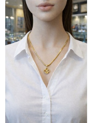 14 Ayar Yonca Motif Yassı Italyan Zincir Altın Kolye