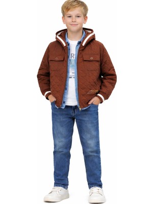 İrem Çocuk Giyim Erkek Çocuk Fermuar Kapama Kapitone Ceketli Uzun Kol Gömlek Tişört Pantolon Kahverengi Dörtlü Takım