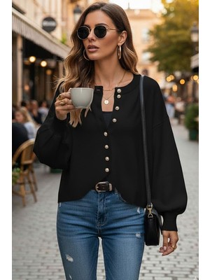 Tarz Cool Balon Kol Yumuşak Dokulu Mücevher Düğmeli Ceket Görünümlü Triko Hırka