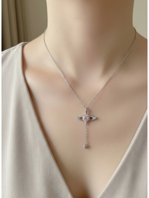 Atalya Accessory Melek Kanatlı Pembe Taşlı Çelik Kadın Kolye - Sevgiliye Hediye
