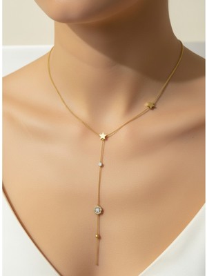 Atalya Accessory Yıldızlı ve Taşlı Y Kolye Kadın – Sallantılı Zirkon Taşlı, Paslanmaz Çelik, Kararma Yapmaz