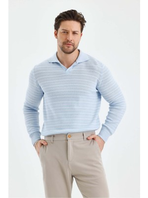 Tarz Cool Erkek Patlı Slim Fit Çizgi Detaylı Uzun Kollu Polo Yaka Triko Kazak