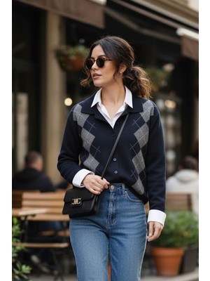 Tarz Cool Kadın Bordo Baklava Desen Düğmeli Tasarım Yeni Trend Triko Hırka