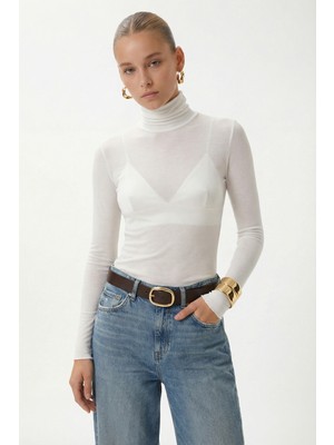 Ritnice Kadın Adel Transparan Balıkçı Yaka Ultra Hafif  Ekru Örme Bluz