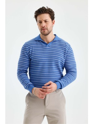 Tarz Cool Erkek Patlı Slim Fit Çizgi Detaylı Uzun Kollu Polo Yaka Triko Kazak