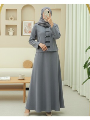 Modamorfo Deri Detaylı Önü Düğmeli Etekli Selanik Takım -Gri