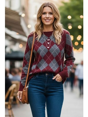 Tarz Cool Kadın Bordo Yumuşak Dokulu Reglan Kol Geniş Kalıp Bisiklet Yaka Baklava Triko Kazak