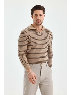 Tarz Cool Erkek Patlı Slim Fit Çizgi Detaylı Uzun Kollu Polo Yaka Triko Kazak