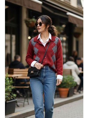 Tarz Cool Kadın Bordo Baklava Desen Düğmeli Tasarım Yeni Trend Triko Hırka