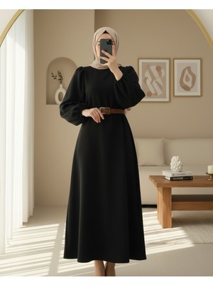 Modamorfo Kalın Kemerli Balon Kol Selanik Elbise -Siyah