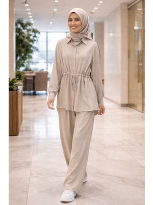 Moda Kadın Mürdüm Tensel Kumaş Ikili Takım – Düğmeli Uzun Tunik & Bol Paça Pantolon Rahat Şık Günlük Kombin