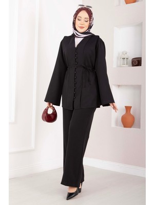 Mat Brit Düğmeli Kuşaklı İkili Takım Siyah