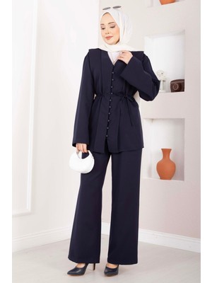 Mat Brit Düğmeli Kuşaklı İkili Takım Lacivert