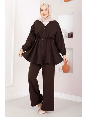 Mat Silva Beli Büzgülü Tunik Takım Kahve