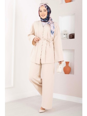 Mat Brit Düğmeli Kuşaklı İkili Takım Bej