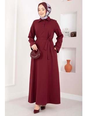 Mat Softline Yarım Düğmeli Kuşaklı Tesettür Elbise Bordo