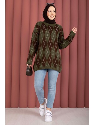 Mo Softie Baklava Desenli Triko Kazak Haki