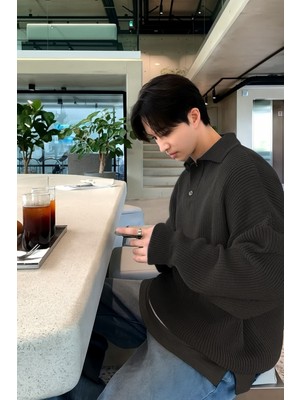 Tarz Cool Erkek Beyaz Düğmeli Regular Polo Yaka Triko Kazak