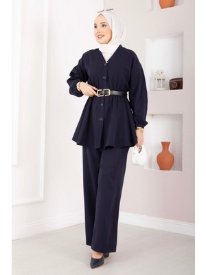 Mat Silva Beli Büzgülü Tunik Takım Lacivert