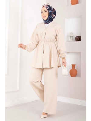 Mat Silva Beli Büzgülü Tunik Takım Bej