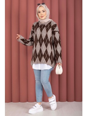 Mo Softie Baklava Desenli Triko Kazak Vizon