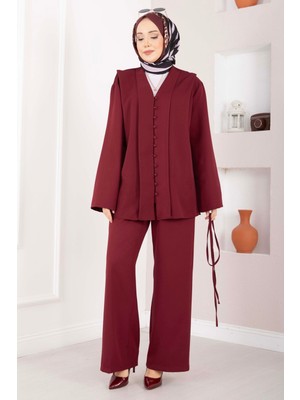 Mat Brit Düğmeli Kuşaklı İkili Takım Bordo