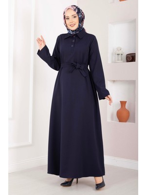 Mat Softline Yarım Düğmeli Kuşaklı Tesettür Elbise Lacivert