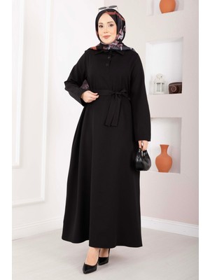 Mat Softline Yarım Düğmeli Kuşaklı Tesettür Elbise Siyah