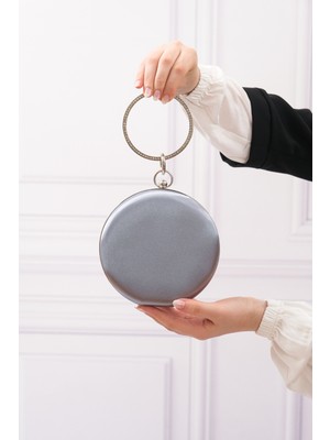 Roza Çanta Kadın Platin Saten Yuvarlak Abiye Ğece Çantası