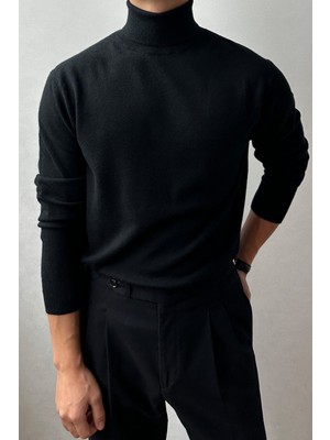 Tarz Cool Erkek Siyah Tam Balıkçı Slim Fit Triko Kazak