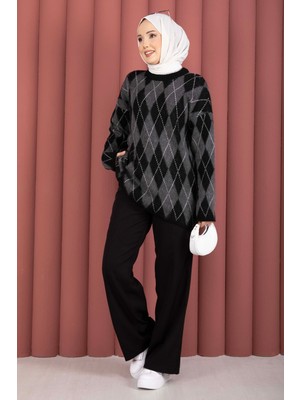 Mo Softie Baklava Desenli Triko Kazak Siyah