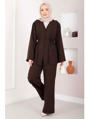 Mat Brit Düğmeli Kuşaklı İkili Takım Kahve