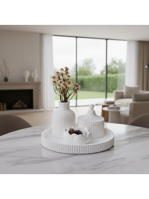 Modesta Home El Yapımı Dekoratif Tepsi Seti | Vazo, Kapaklı Kutu ve Lotus Mumluk | Modern Ev Dekoru | Taş Tozu