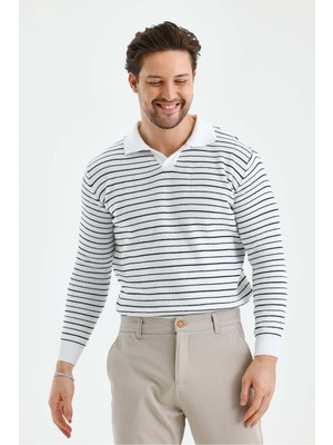 Tarz Cool Erkek Patlı Slim Fit Çizgi Detaylı Uzun Kollu Polo Yaka Triko Kazak