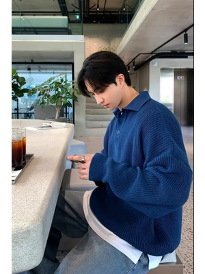 Tarz Cool Erkek Beyaz Düğmeli Regular Polo Yaka Triko Kazak