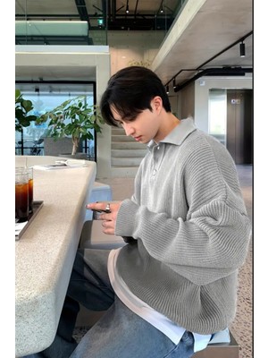 Tarz Cool Erkek Beyaz Düğmeli Regular Polo Yaka Triko Kazak