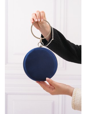 Roza Çanta Kadın Lacivert Saten Yuvarlak Abiye Ğece Çantası