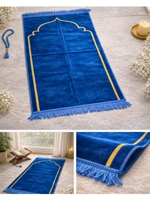 Lacivert Kadife Seccade Gold Nakışlı Saçaklı Lüks Namazlık – Yumuşak Dokulu Şık Seccade